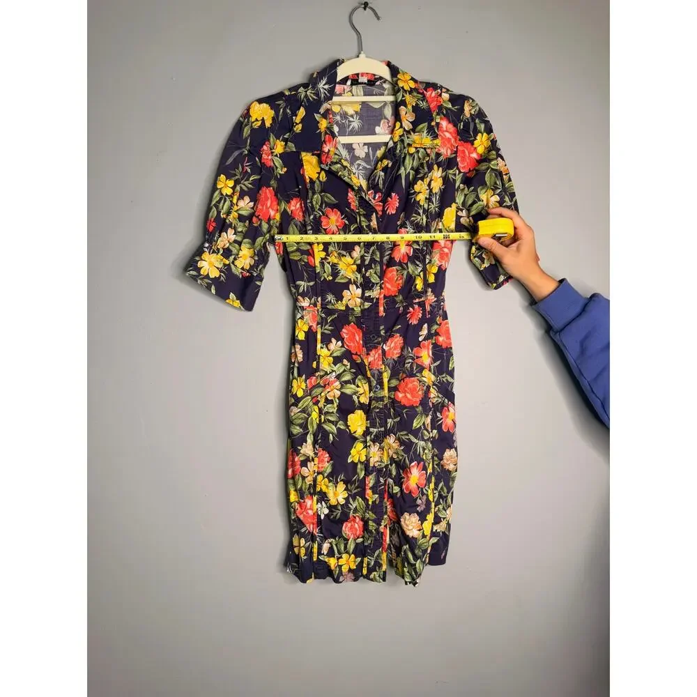 Marissa Webb Black Floral Silk Short Sleeve Button Down Mini Dress Size 8 Multi